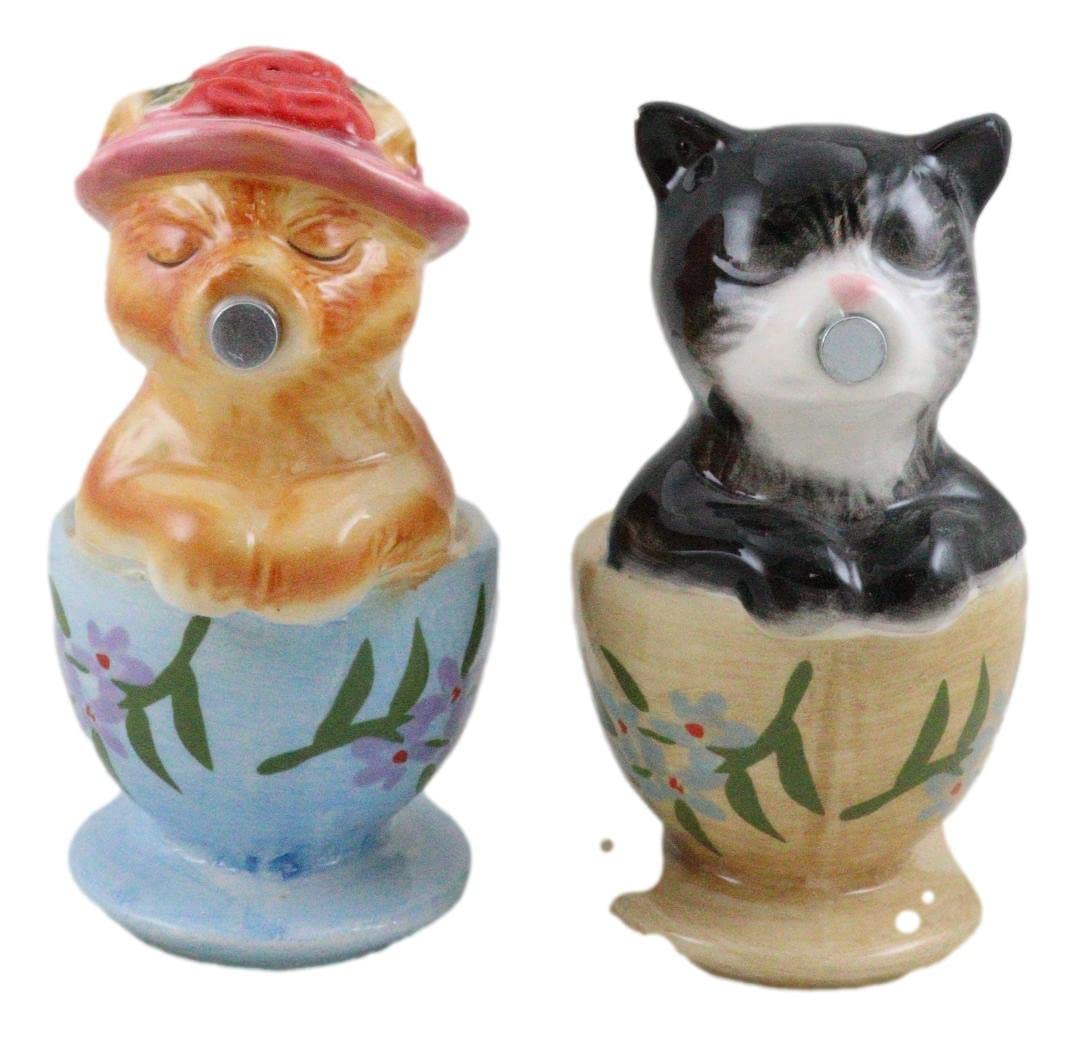 Ebros Ceramic Tabby And Tuxedo Black Kitty Cats In Teacups Kissing Salt And Pepper Shakers Set Valentines Tea Cup Cat Kittens Figurines Party Kitchen Tabletop Collectible Decorative Accents