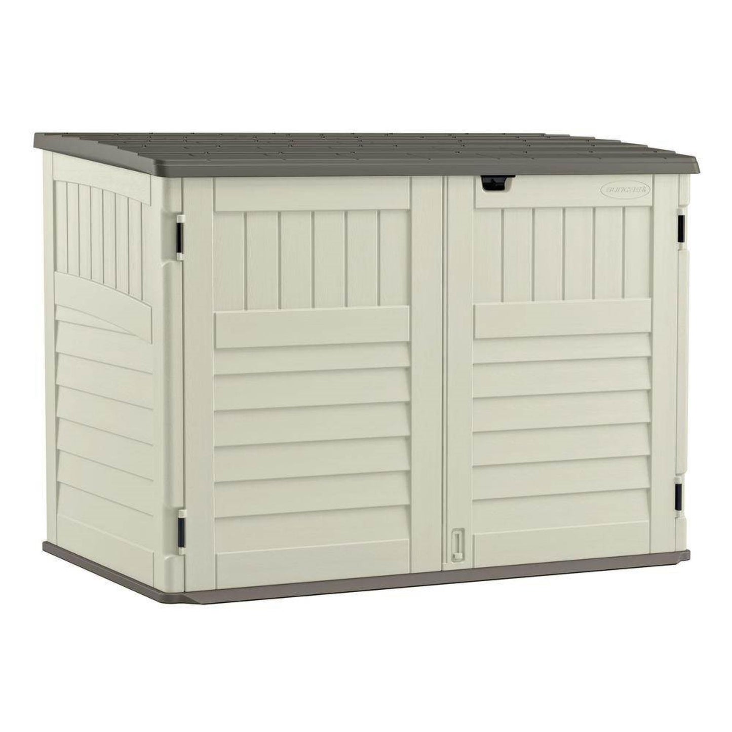 Suncast 5.9 ft. x 3.7 ft Horizontal Stow-Away Storage Shed - Natural Wood-like Outdoor Storage for Trash Cans and Yard Tools - All-Weather Resin, Hinged Lid, Reinforced Floor - Vanilla and Stoney