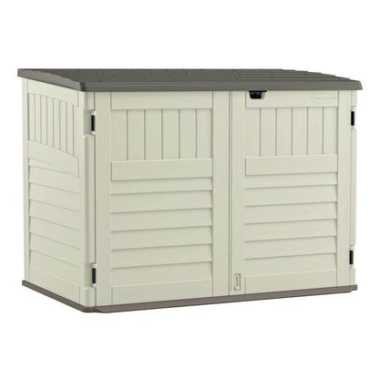 Suncast 5.9 ft. x 3.7 ft Horizontal Stow-Away Storage Shed - Natural Wood-like Outdoor Storage for Trash Cans and Yard Tools - All-Weather Resin, Hinged Lid, Reinforced Floor - Vanilla and Stoney