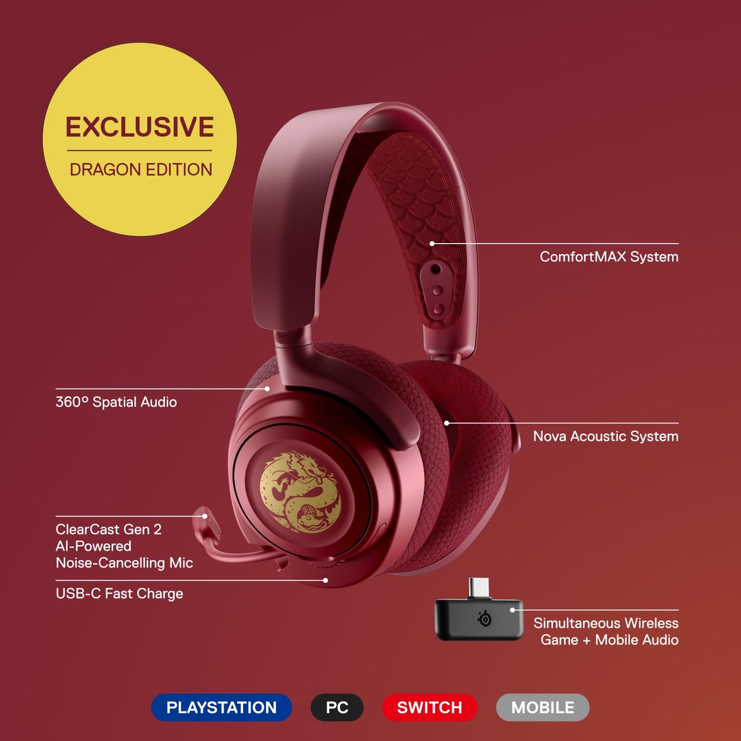 SteelSeries Arctis Nova 7 Wireless Multi-Platform Gaming Headset – Dragon Edition – Two Speaker Plate Sets — Dual Wireless 2.4GHz & Bluetooth – 38 HR Fast Charge Battery – PC, PS, Mac, Mobile, Switch