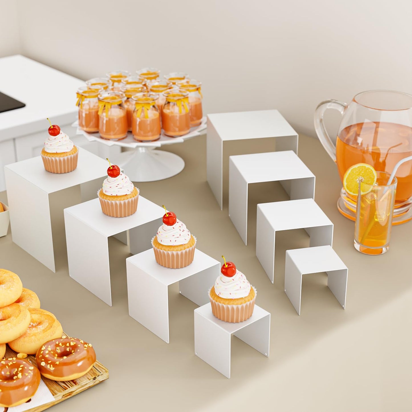 NEETBU Matte Metal Display Stand, 8 Pcs 2 Set Display Risers for Display, Metal Rectangular Display Shelf Holders for Showcase, Dessert, Perfume, Vendor Events, Cupcake Stands, Toys Display Shelves ( White, 3''x4''x5"x6" )