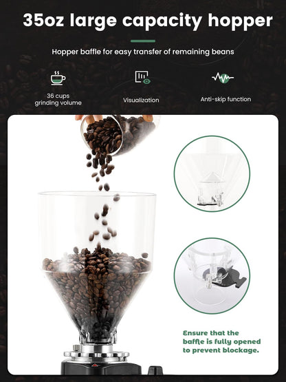 Huanyu Flat Burr Coffee Grinder with 19 Grinding Settings Electric Coffee Bean Grinder Adjustable Bulk Coffee Grinder Large Capacity 35oz Black
