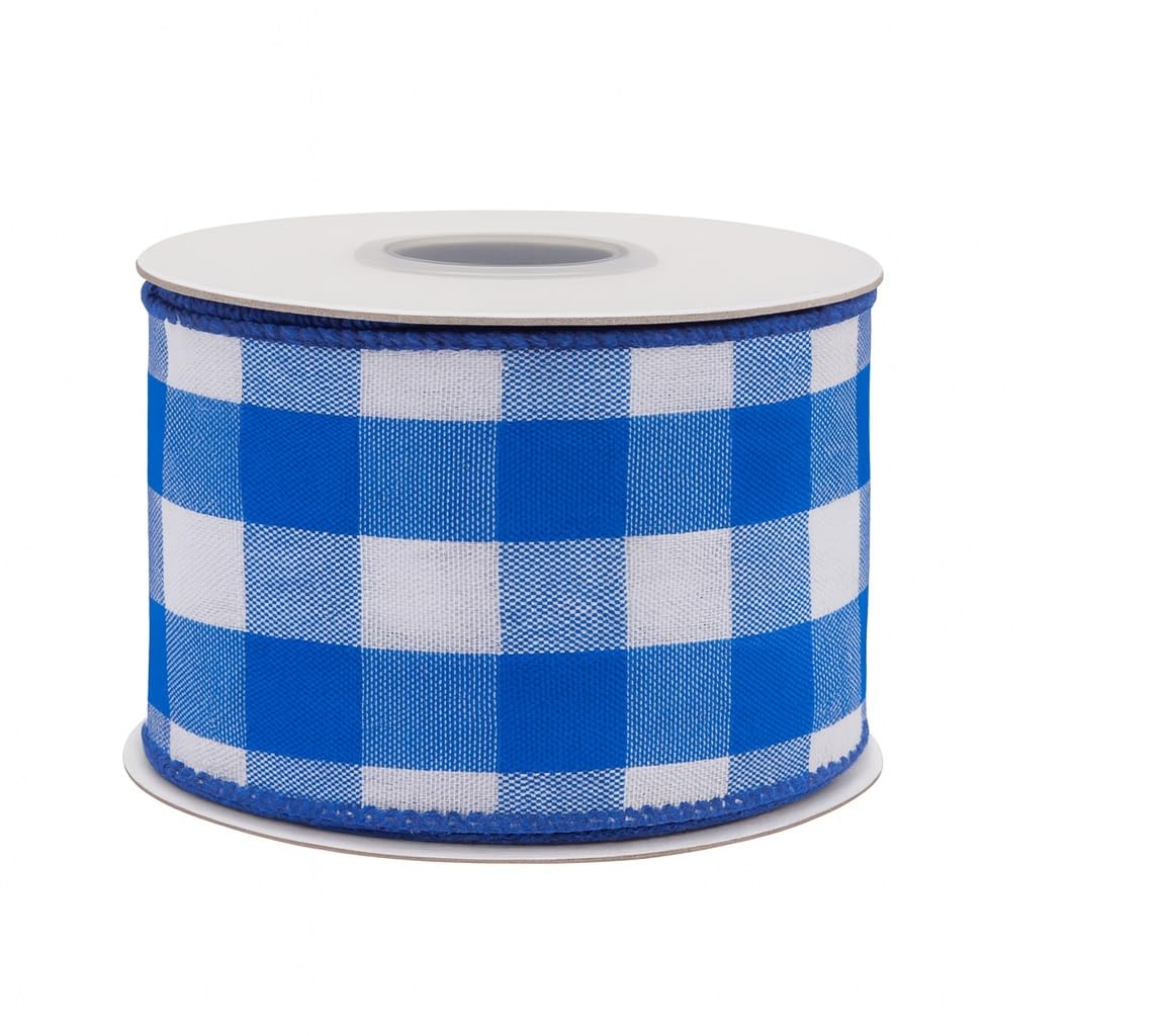 Royal Blue Plaid Wired Ribbon - 2 1/2" x 10 Yards, 4th of July, America 250, Father's Day, Presents, Wreath, Police Support, Birthday, Wedding, Farmhouse, Veterans Day, Labor Day, School Graduation