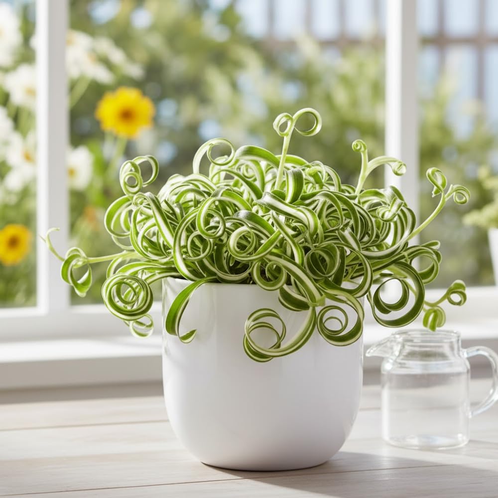 Curly Spider Plant, Spider Plant Live Houseplant, Well Rooted in 2 Inc Pot, 3-5 Inc Tall, Variegated Foliage, Easy Care Houseplant for Home and Office Decoration