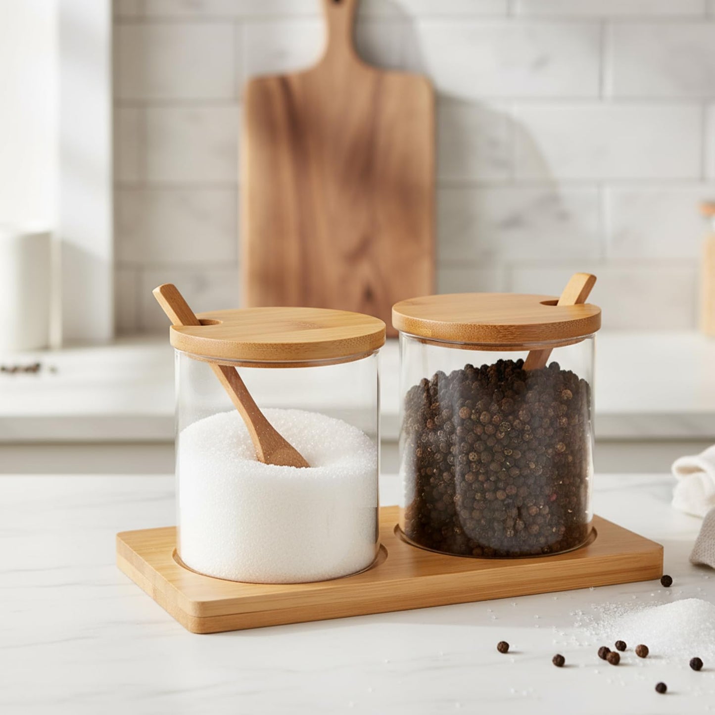 Mowhut 2 PCS Condiment Containers, Spice Rack with Bamboo Spoon Lid and Base, Sugar Bowl, Salt and Pepper Shakers Set for Salt Sugar Tea Herbal Coffee Beans, Clear