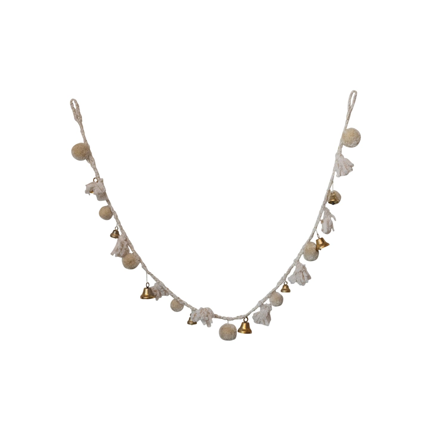Creative Co-Op Handmade Wool and Cotton Blend Pom Pom and Bell Garland, Natural and Brass Finish