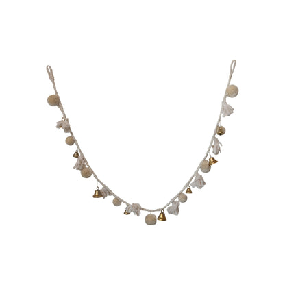 Creative Co-Op Handmade Wool and Cotton Blend Pom Pom and Bell Garland, Natural and Brass Finish