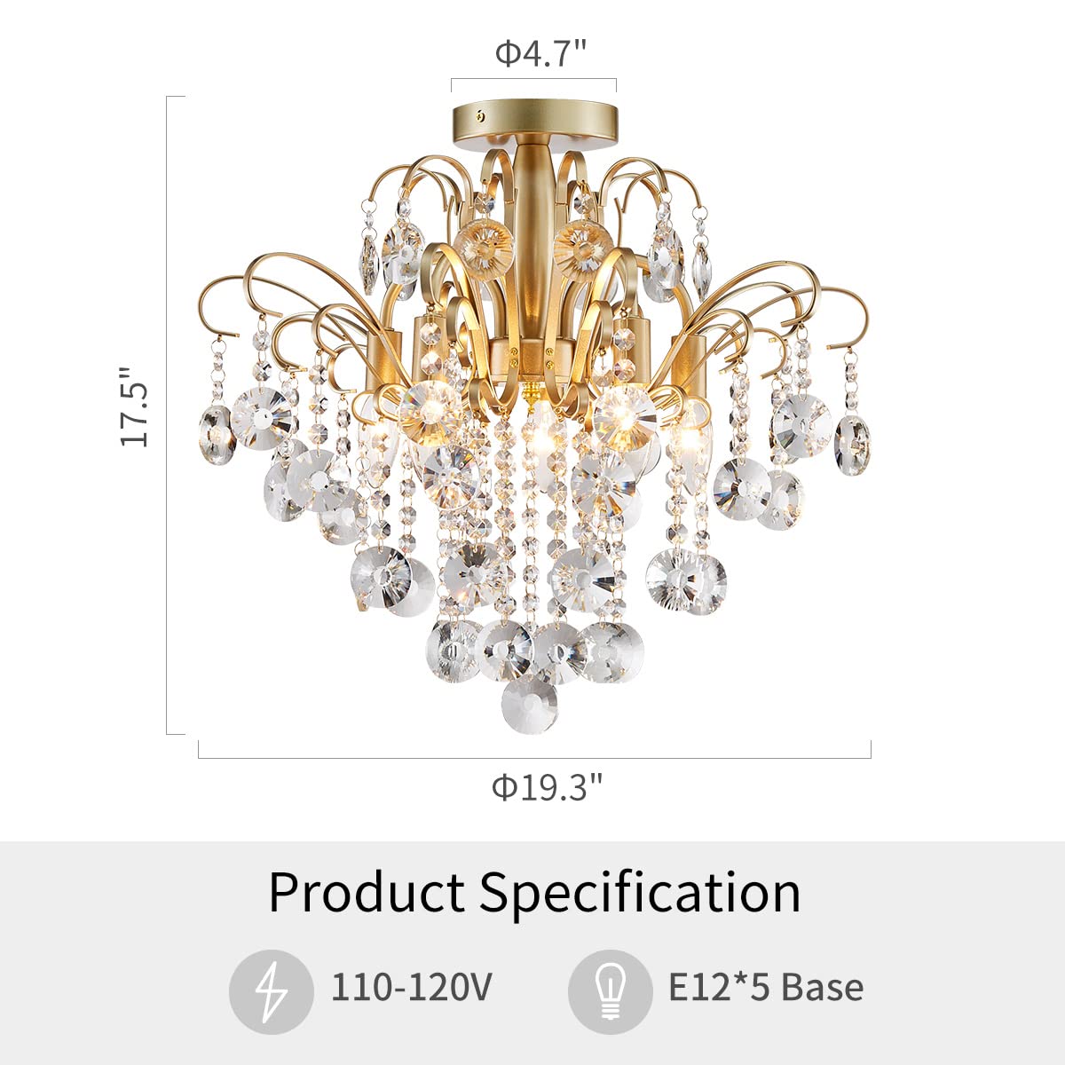 WUZUPS Crystal Chandelier Flushmount Ceiling Light Modern Lighting Fixture for Bedroom Hallway Bar Kitchen Bathroom, H 17.5'' x W 19.3'', E12 Base, Gold