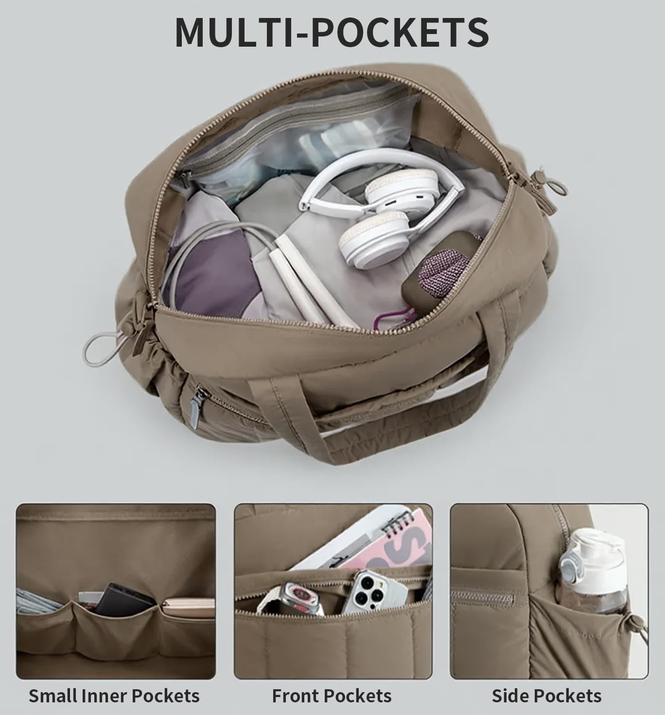 Travel Duffle Gym Bag for Women, Lightweight Puffer Carry on Weekender Bags with Wet Pocket Tote Yoga Workout Bag (Camel)