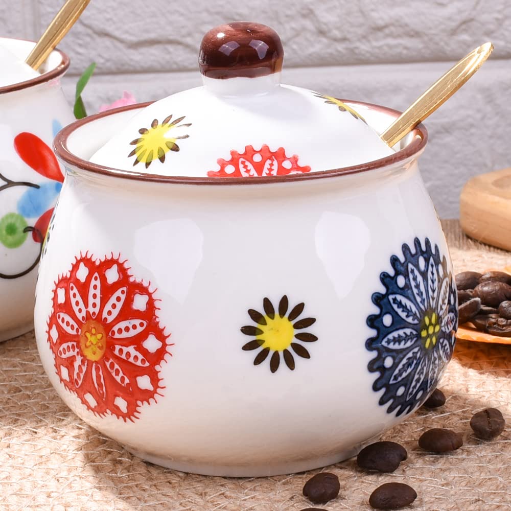 Whitenesser Ceramic Sugar Bowls with Spoons, Salt Jar Seasoning Container with Lid for Home and Kitchen (XYH)