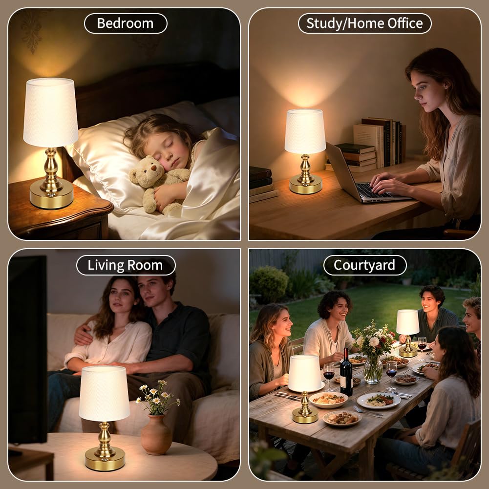 AUAUY Table Lamp for Bedroom, 5200mAh Battery Powered Touch Bedside Lamps, Rechargeable Desk Lamp Cordless, 3 Way Dimmable, Nightstand Lamps with Fabric Shade for Home Living Room Office Study, Gold