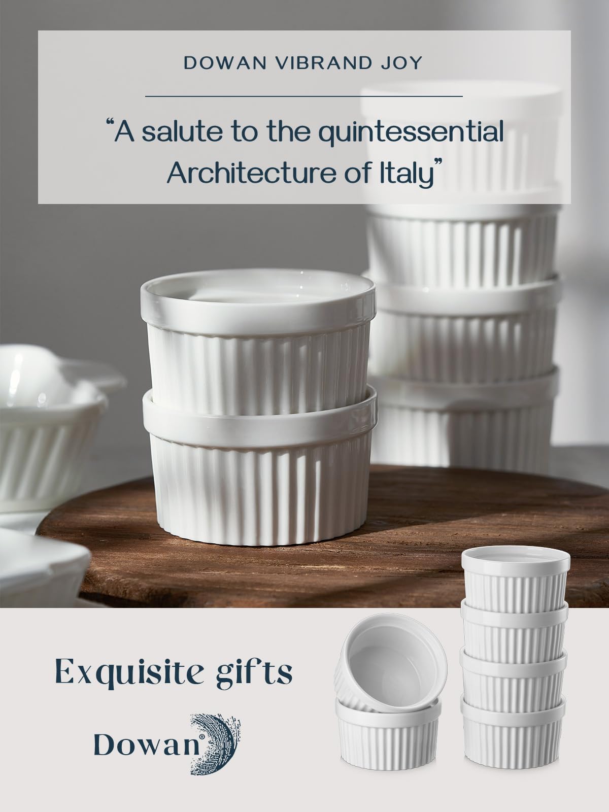 DOWAN Ramekins 10 oz Oven Safe for Creme Brulee, Porcelain Souffle Dishes, Ramekin for Baking, Small Dessert Bowls Dipping Sauce Cups, Set of 6, Soft White