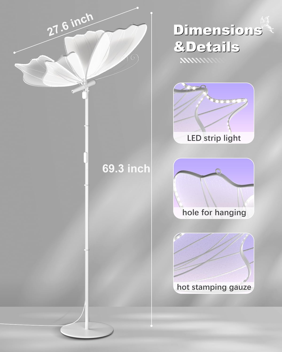 DENGALA Butterfly Floor Lamp - 6000K LED Butterfly Light - Creative Wedding Decorations - Hanging Ceiling Light - White
