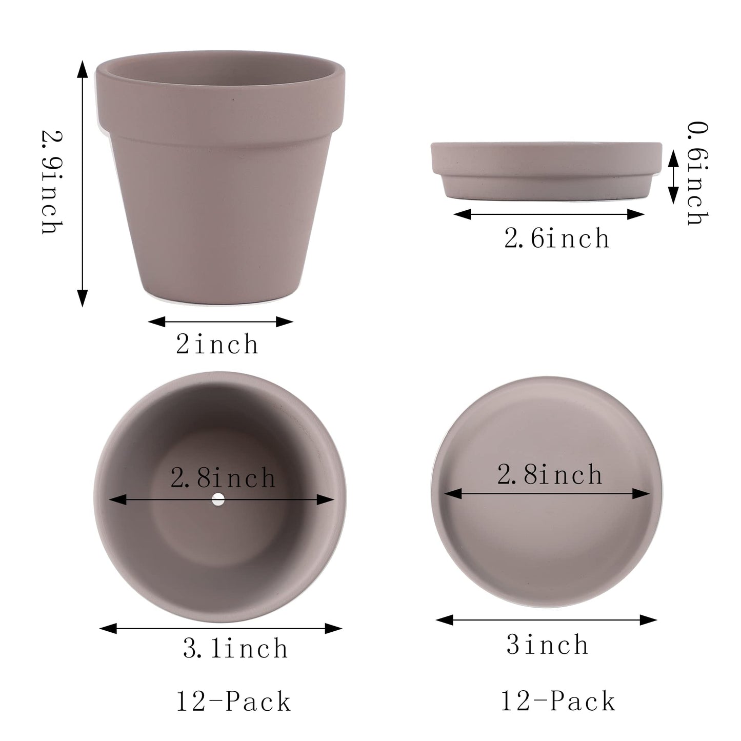 Fcacti 3 Inches Small Grey Terracotta Pots with Saucer, 12 Pack 3" Terra Cotta Planter with Drainage Holes, Small Clay Flower Pots for Plants, Succulents, Crafts, Wedding Favor