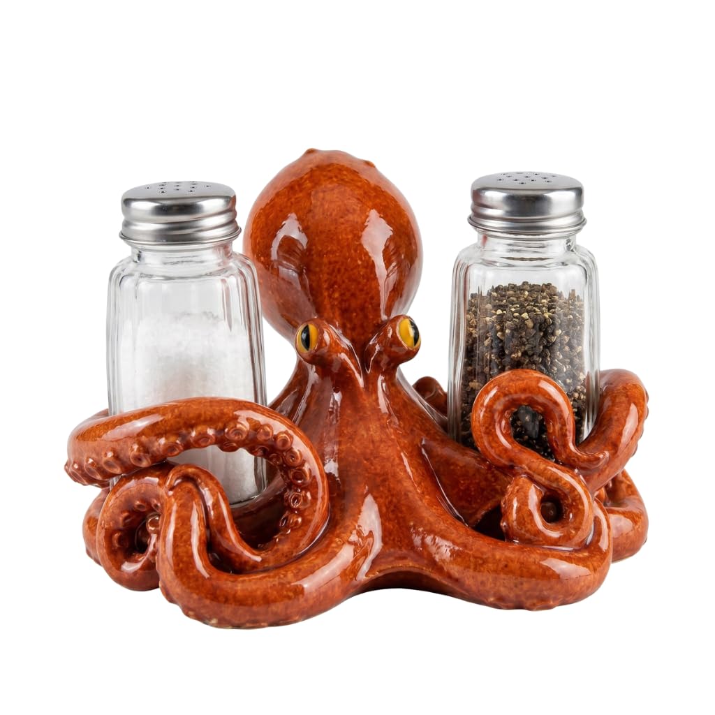 Comfy Hour 5" Octopus Salt and Pepper Shaker Duo, Decorative Coastal Ocean Figurine Holder for Kitchen Tabletop, Artisan Crafted Resin Animal Accent, Includes 2-Count Glass Bottles, Brown