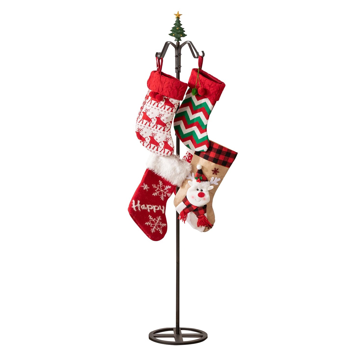 CaliDecor 67" H Freestanding Stocking Holder Stand, Christmas Metal Stocking Hanger for Floor with 8 Hooks, Stocking Stand with Cast Iron Christmas Tree Top for Holiday Decor