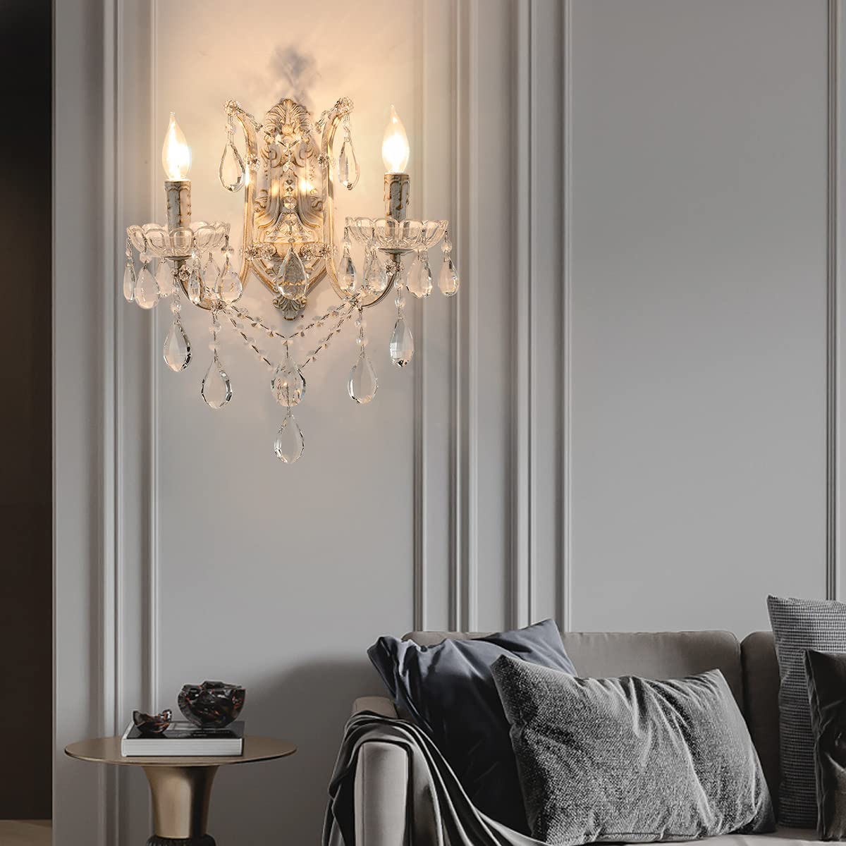 YLONG-ZS French Country Crystal Wall Sconce, 2-Light Distressed White Gold Candle Style with Teardrop Crystals, Hardwired Indoor Decor for Bedroom Bathroom Vanity, E12 Base