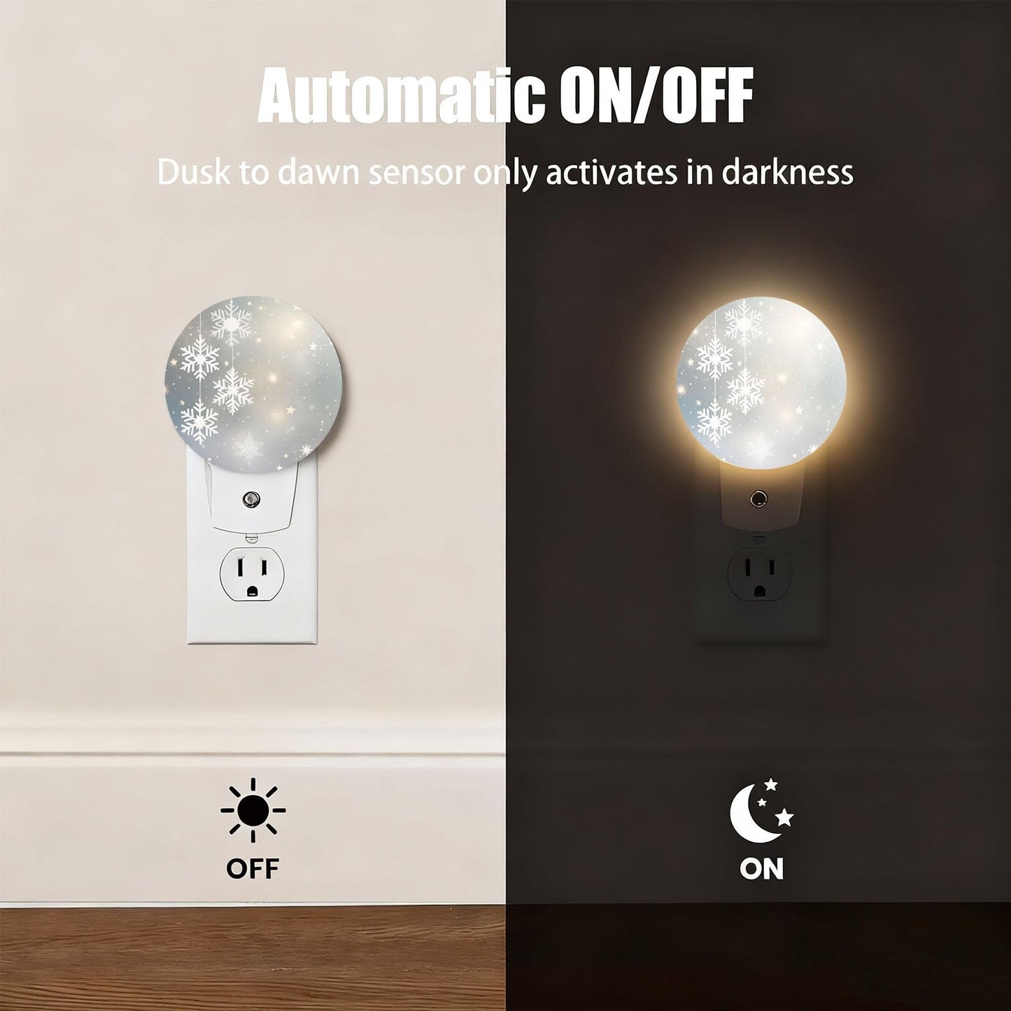 Mugod Winter Snowflake and Starry Scene Plug-in Nightlights Merry Christmas Night Light Plug into Wall with Dusk-to-Dawn Sensor LED Lighting 0.5W Sleep-Friendly
