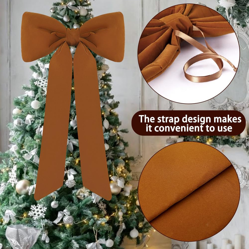 Celltestria Large Christmas Bow Ornament 15x30 Inch Velvet Giant Wreath Bows Xmas Tree Topper Ribbon Hanging Bows for Christmas Holiday Home Wall Outdoor Indoor Party Garland Crafts Decoration(Khaki)