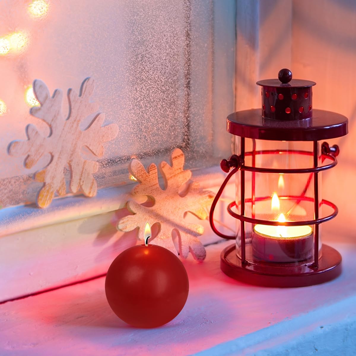 Ball Pillar Candles Set of 3 Red 3Inch Unscented Handpoured Weddings, Home Decoration, 75 Hour