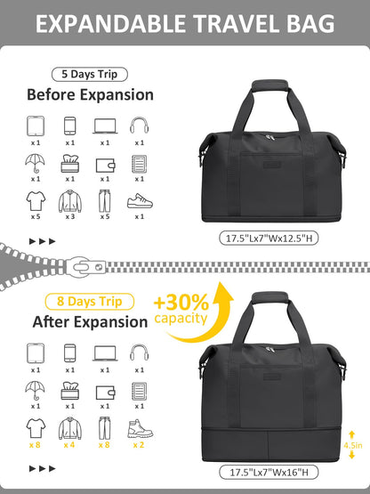 Expandable Travel Duffle Bag, Waterproof Weekender Overnight Bags for Women Men Hospital Bag for Women Labor Delivery Carry on Bag with Toiletry Bag for Travel Gym Airplanes(Black, X-Large)