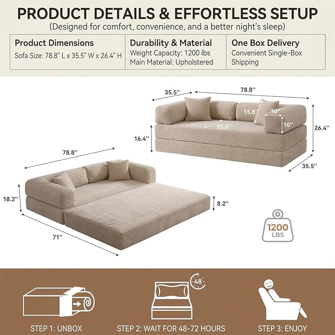 78" 4-in-1 Convertible Sofa Bed, Boneless Corduroy Sleeper Couch