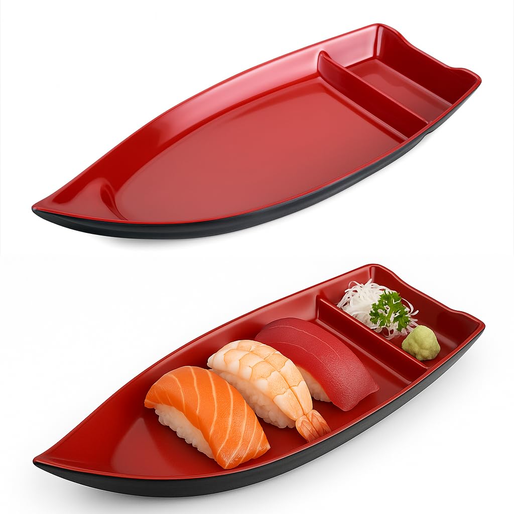 JapanBargain 2-Pack Sushi Boat Serving Plate with Divider, 10 Inch Japanese Sashimi Sushi Plate Dish, Chip and Dip Appetizer Tray for Soy Sauce Wasabi Ginger, Melamine Sushi Serving Dish