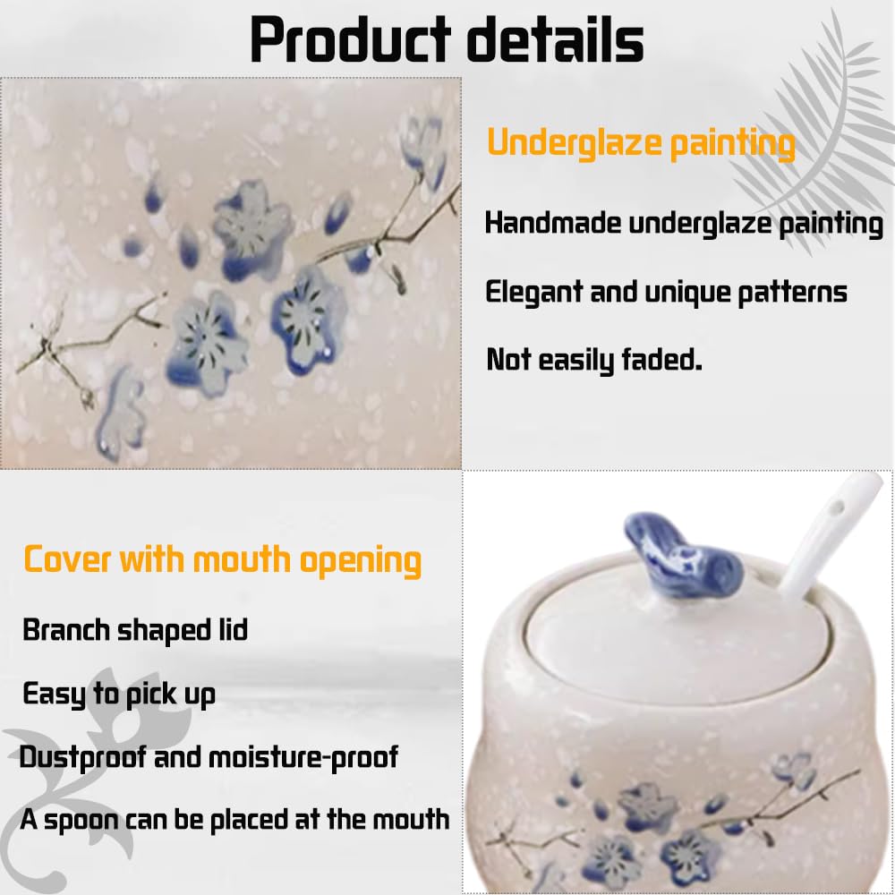 YMYL Ceramic Sugar Bowl with Lid and Spoon Set of 2, 13.5oz Porcelain Condiment Pots Salt Bowl Sugar Jar Seasoning Jars Set for Kitchen, Dishwasher Safe