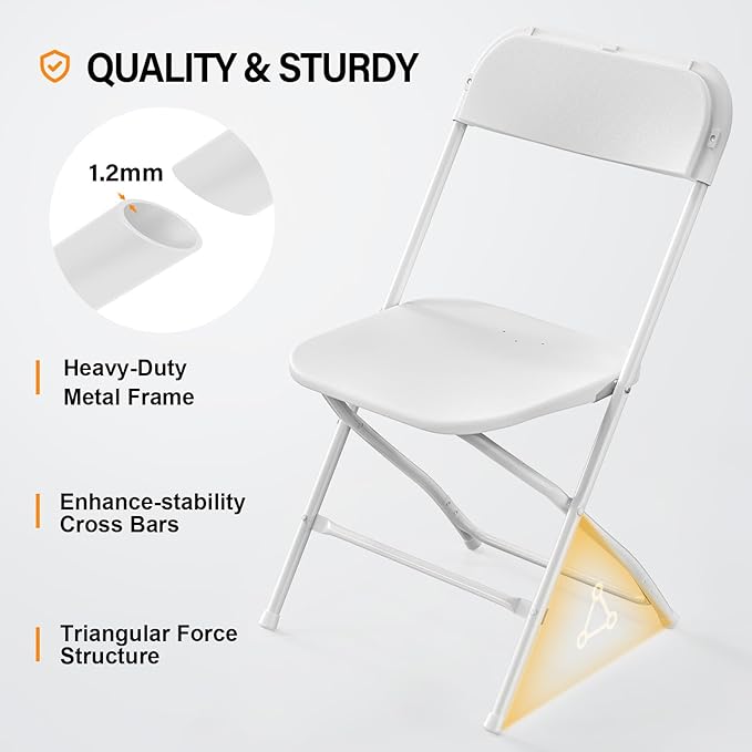VINGLI 2 Pack White Plastic Folding Chair, Indoor Outdoor Portable Stackable Commercial Seat with Steel Frame 350lb. Capacity for Events Office Wedding Party Picnic Kitchen Dining