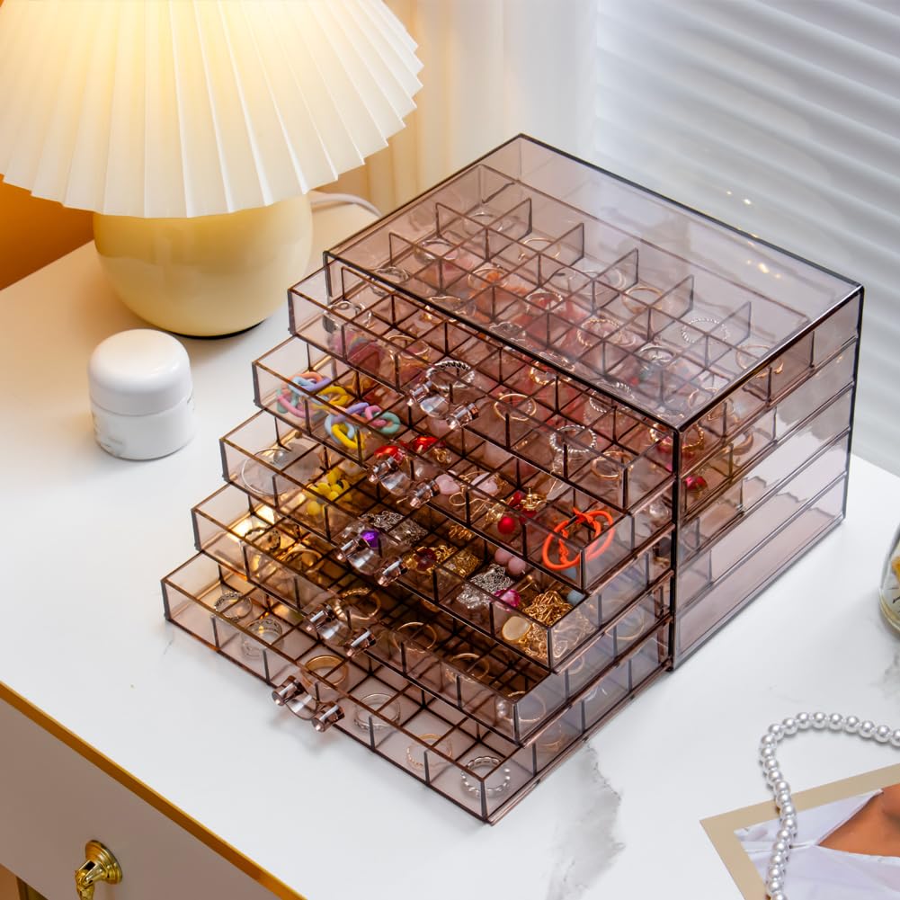 YUFONG Earring Storage Box Organizer, Acrylic Jewelry Storage Box Holder 5 Drawers Transparent Jewelry Display Stand with 120 Small Compartments Gift Boxes for Women Girls (Clear Purple Brown)