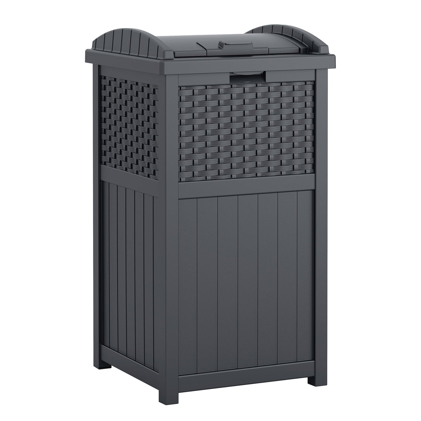 Suncast 33 Gallon Wicker-Style Hideaway Trash Can with Secure Latching Lid and Weather-Resistant Construction for Patio, Cyberspace Grey, Made in the USA