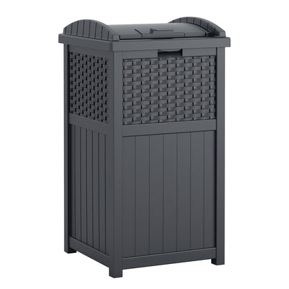 Suncast 33 Gallon Wicker-Style Hideaway Trash Can with Secure Latching Lid and Weather-Resistant Construction for Patio, Cyberspace Grey, Made in the USA