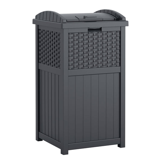 Suncast 33 Gallon Wicker-Style Hideaway Trash Can with Secure Latching Lid and Weather-Resistant Construction for Patio, Cyberspace Grey, Made in the USA