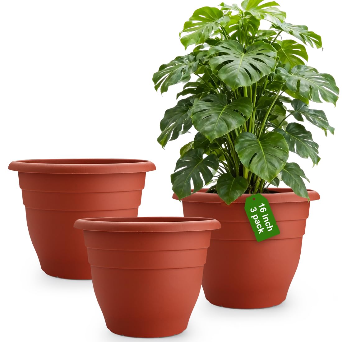 RooTrimmer 3 Pack Large 16 Inch Plastic Plant Pots for Outdoor Plants,Durable & Lightweight Flower Pots with Drainage Holes,Weather-Resistant Large Planters for Patio Garden(Brick Red)