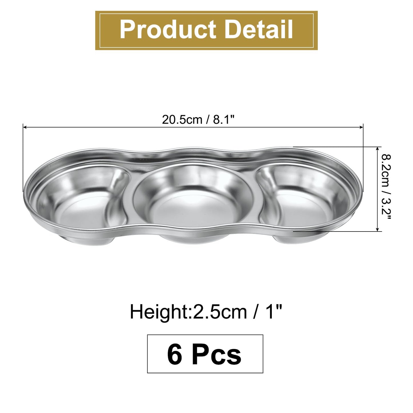 uxcell 6 Pack Stainless Steel Dish Dipping Bowls with 3 Round Compartment Divided, Metal Seasoning Plate Dipping Bowl for Condiment Home Party Restaurant Picnic Travel, Silver
