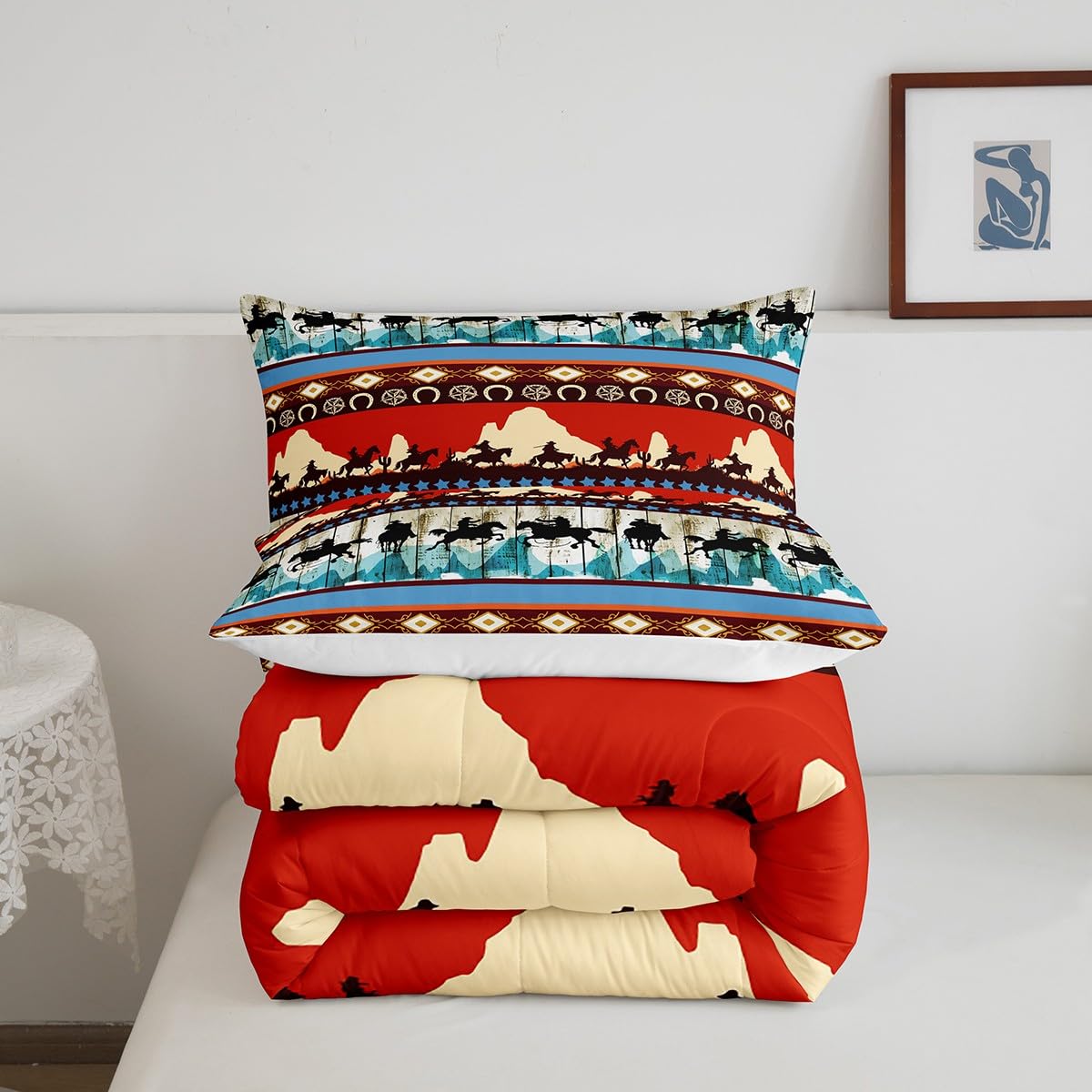 Feelyou Kids Twin Aztec Red Comforter Twin Size, Southwestern Cowboys Comforter Set for Boys Girls Horse Bedding Set Boho Tribal Duvet Set Microfiber Bed Set