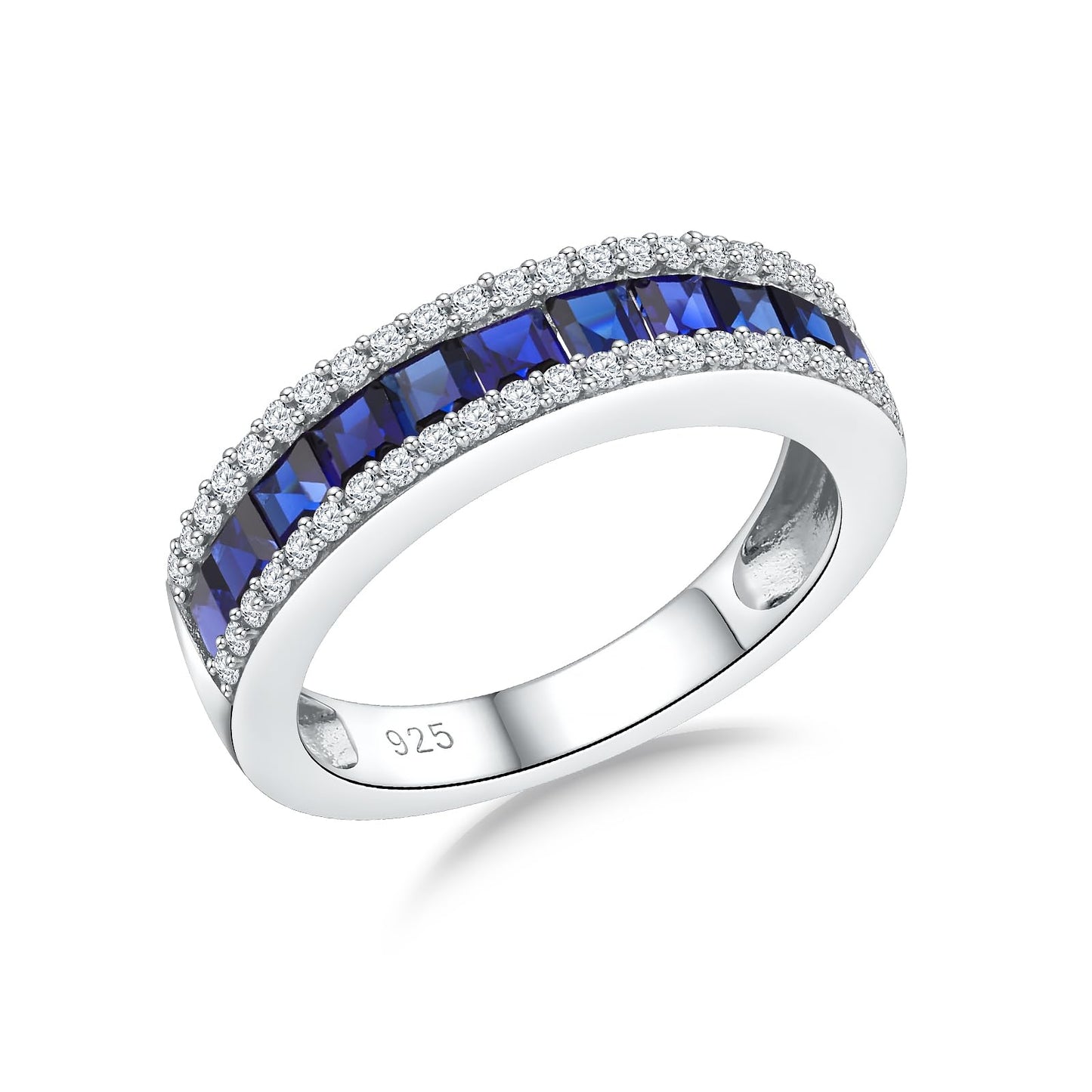 RANDES Wedding Band for Women Half Eternity Square Blue Sapphire Engagement Ring Princess Cut Channel Set Anniversary Ring Size 9