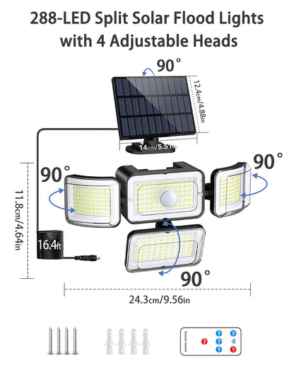 CLAONER Solar Outdoor Lights Motion Sensor 3500LM 288 LED Solar Security Lights with Remote Control IP67 Waterproof 4 Heads Solar Flood Lights with 16.4ft Cable 4 Modes Wall Lights(2 Pack)