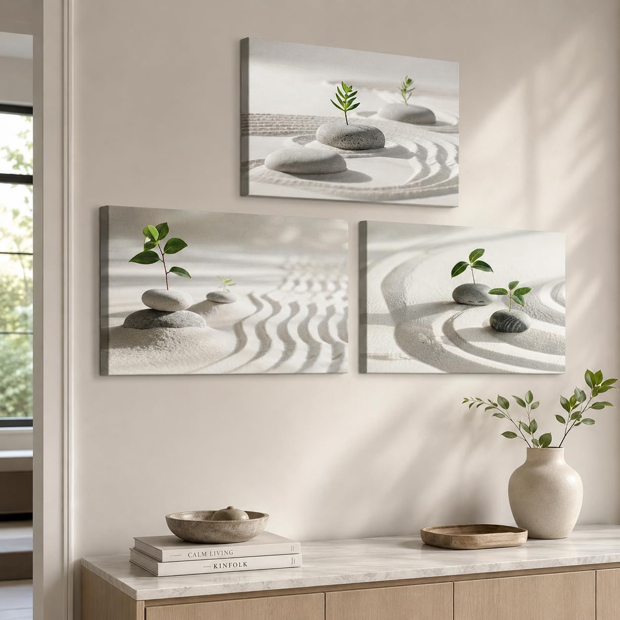 Zen Wall Art, 3 Pcs Stone and Green Leaf Pictures Zen Wall Decor Canvas Print, Yoga Spa Meditation Painting Calming Home Decorations Artwork for Spiritual Room Office Living Room Bedroom Bathroom