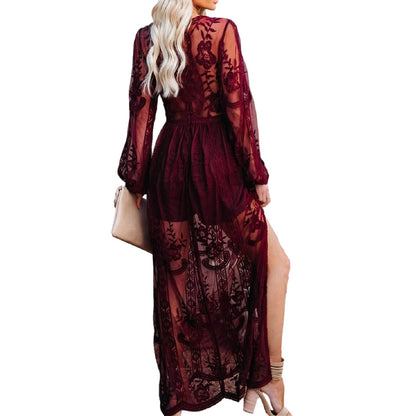 Womens Deep V Neck Short Sleeve Floral Lace Dress Long Bridesmaid Maxi Dresses