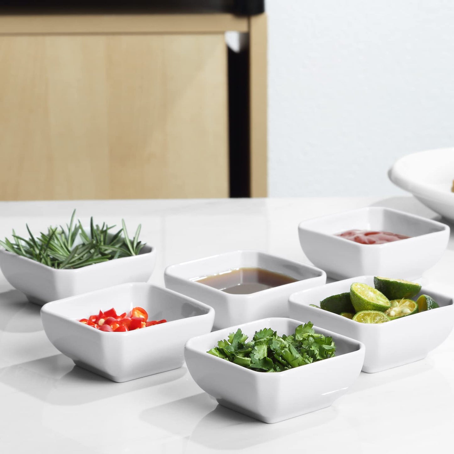 Yedio 3 Oz Square Dip Bowls Set of 6, White Ceramic Dipping Sauce Dishes, Mini Condiment Bowls for Soy Sauce, Sushi, BBQ, Ketchup, Vinegar, Party & Daily Use