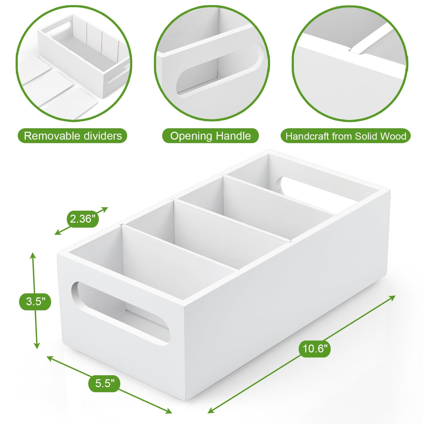 DRASTAR Pantry Organization and Storage Bins, Seasoning Packet Organizer with Removable Dividers,Wooden Storage Caddy for Kitchen, Pantry, Cabinet, Countertop, White