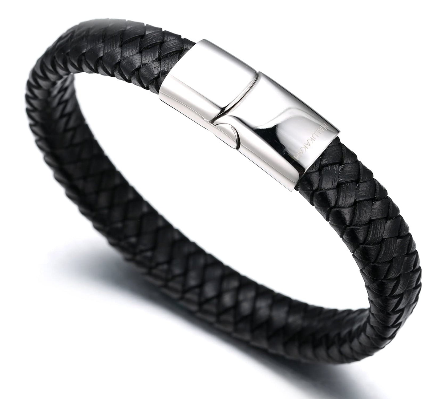 HALUKAKAH Kids ● Solo Junior ● Boy's Genuine Leather Bracelet Classic Black 6-12 Y/O. Titanium Magnetic Clasp 7"/18cm,Free Giftbox