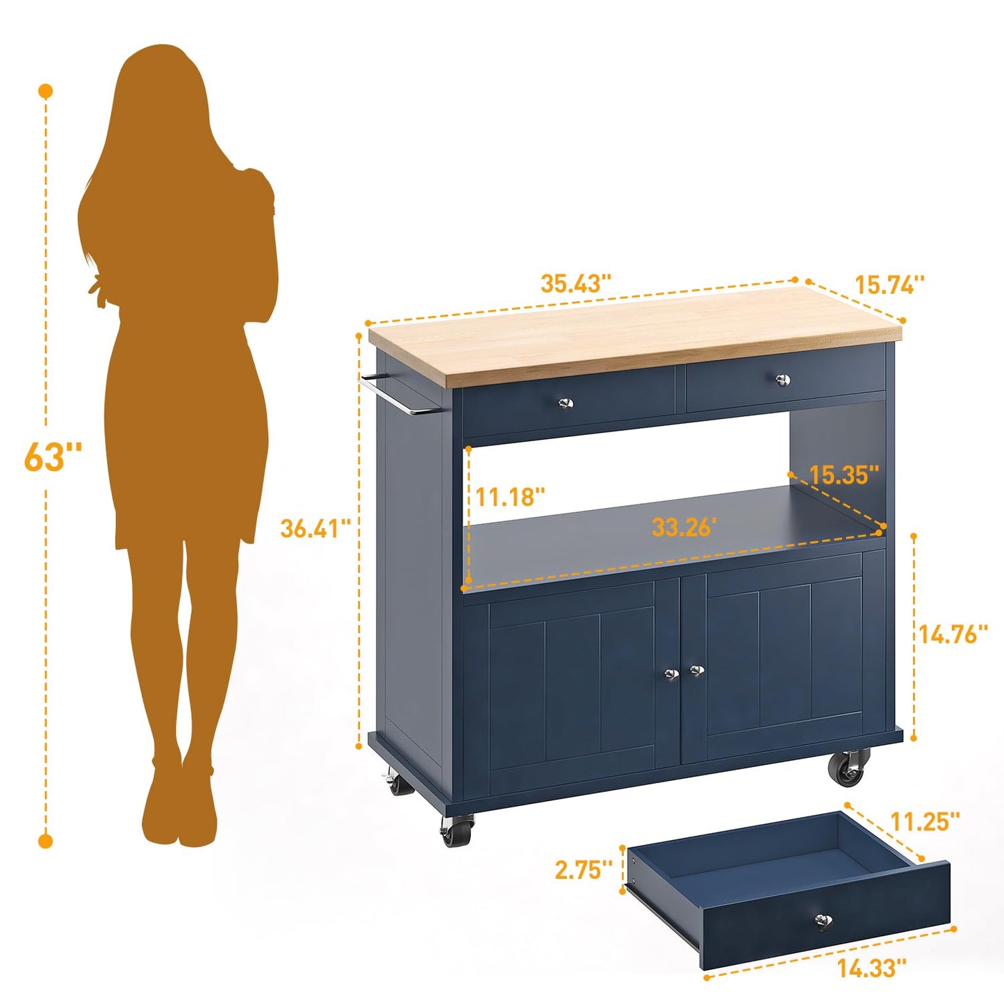 knoworld Rolling Kitchen Island with Storage Cabinet, 35.4'' Width Kitchen Cart, 2 Drawers Island Table, Portable Mobile Kitchen Island with Towel Rack, Wood Top and Lockable Wheels, Blue