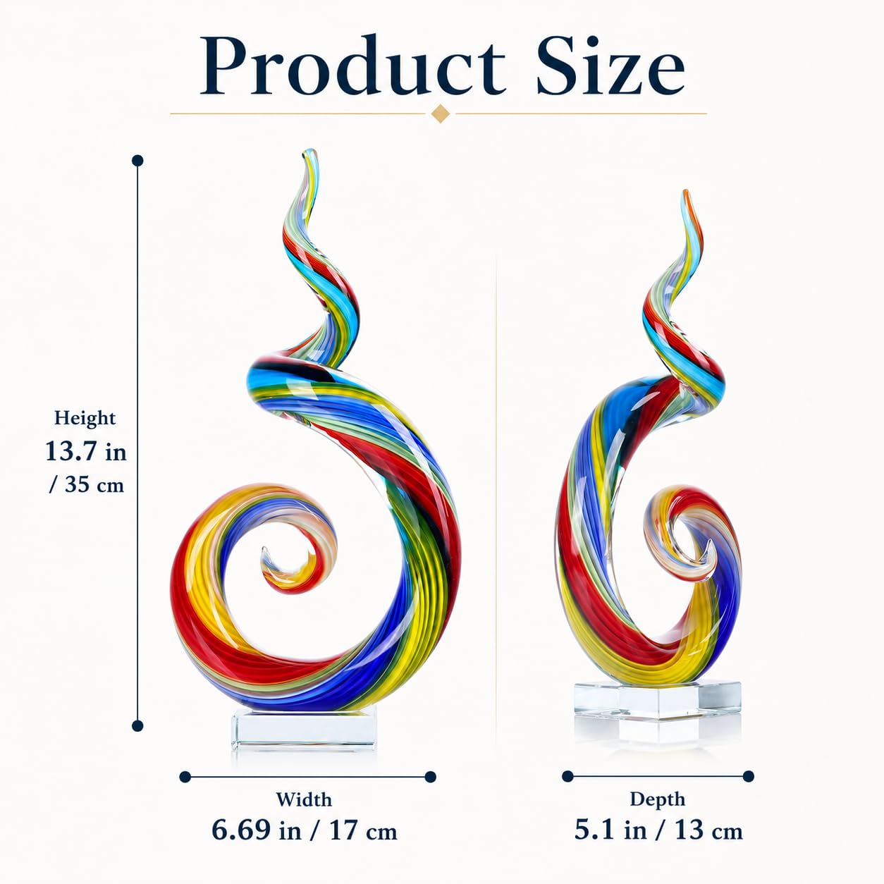 XMGZQ 13.7" Colour Hand-Blown Art Glass Sculpture,Abstract Rainbow Swirl Style Sea Glass Statue and Figurine,Coastal Ocean Nautical Home Decor,Shelf,TV Stand,Tabletop Centerpieces,Wonderful Gift
