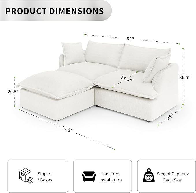 2 Seat with Ottoman L Shape Modular Sectional Couch Sofa