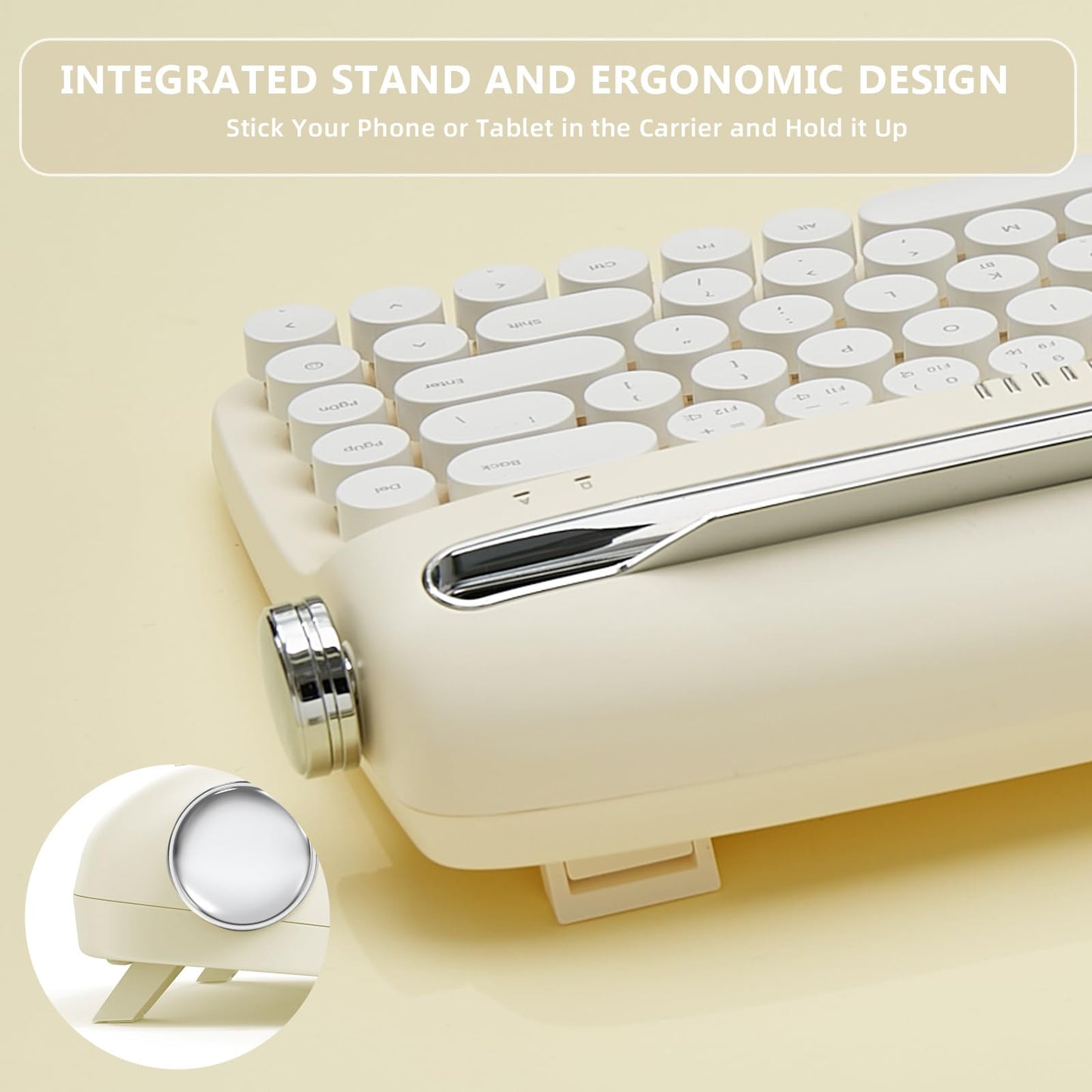 YUNZII Upgraded Wireless Typewriter Keyboard,with Retro Integrated Stand,USB-C/Bluetooth,Cute Round Keycaps, USB-C/Bluetooth Connection for Table, Phone, PC and Win/Mac/Android (B309, Baby Pink)