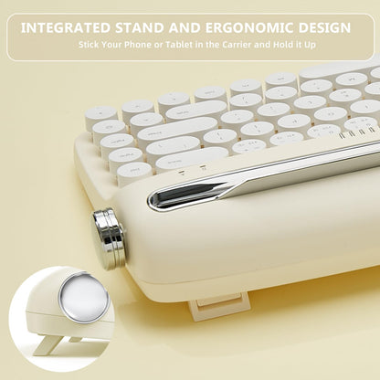 YUNZII Upgraded Wireless Typewriter Keyboard,with Retro Integrated Stand,USB-C/Bluetooth,Cute Round Keycaps, USB-C/Bluetooth Connection for Table, Phone, PC and Win/Mac/Android (B309, Baby Pink)