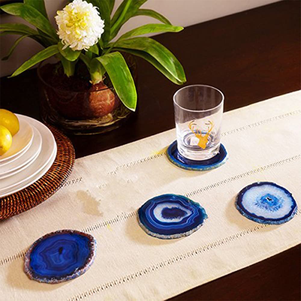 JIC Gem Extra Blue 4-5" Dyed Color Natural Agate Coasters Polished Geode Stone Coasters Agate Slices Set of 4 with Protective Rubber Bumper Home Decorative