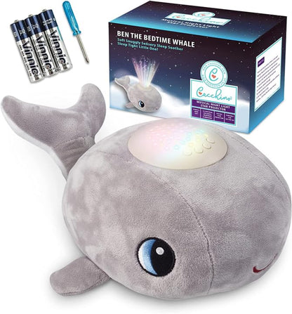 Cacchino® Ben Baby Sleep Soother, Sleep Aid with Musical Night Light Star Projector with Nursery Rhymes, Heartbeat, Soothing Sounds (No Cry Sensor/White Noise). This Plush Whale is an Ideal Baby Gift.